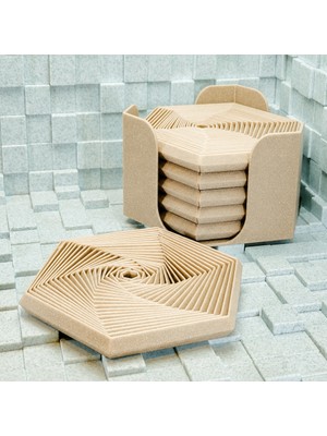 Astraltech 3D Baskı Super Fidget Coaster Seti - Altıgen Desenli Bardak Altlığı ve Tutucu-Bej