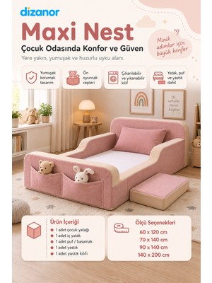 Dizanor Maxi Nest Düz Kumaş Montessori Yatak Seti - 60 x 120 - Pembe - Bej