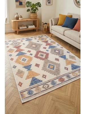 Decomia Home Vintage Etnik Renkli Kaymaz Dokuma Tabanlı Yıkanabilir Şönil Kilim Salon Halısı Çocuk Odası Mutfak Koridor