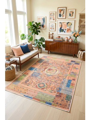 Decomia Home Vintage Etnik Renkli Kaymaz Dokuma Tabanlı Yıkanabilir Şönil Kilim Salon Halısı Çocuk Odası Mutfak Koridor