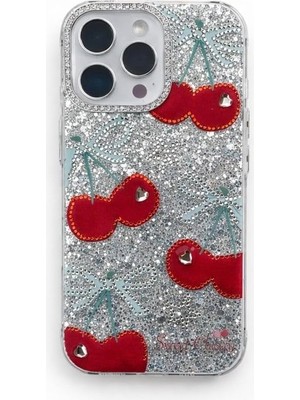 3D Kiraz Desenli Simli Şeffaf Simli iPhone 14 Pro Uyumlu Kılıf – Kamera Korumalı, Darbe Emici Silikon
