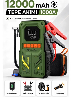Enshall 4in1 Şarjlı 12000MAH Akü Takviye Cihazı Hava Kompresörü 150PSI Powerbank Destekli Lastik Şişirme Kompresörü