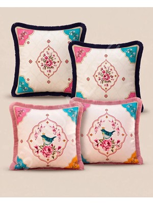 Sunum Luxe Sunumluxe Kuş ve Çiçek Desenli 4’lü Saçaklı Kırlent Kılıfı
