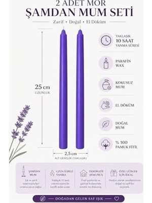 2’li Mor Şamdan Mum Seti 25 cm – Dekoratif Ince Şamdan Mum, Kokusuz Parafin WAX,%100 Pamuk Fitil, El Döküm, Uzun Süre Yanma (~10 Saat), Şık Sofra, Dav