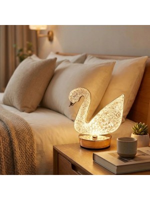 Neva Prime Sepet Dolusu® Kuğu Model Kristal LED Masa Lambası – Dokunmatik, 3 Renk Işık Modlu, Şarjlı M
