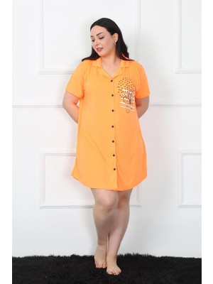 Mestore Moda Çizgi Büyük Beden Penye Düğmeli Turuncu Tunik Gecelik 1025