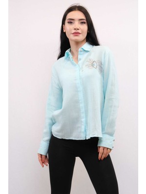 Mestore Moda Çizgi Taşlı  Keten Gömlek MC2301 Mint
