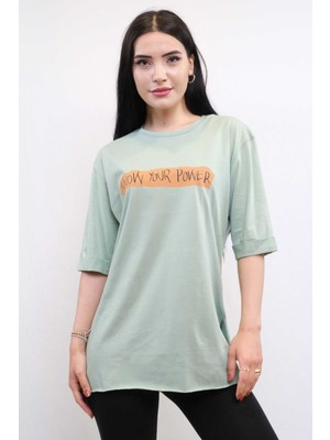 Mestore Moda Çizgi Bisiklet Yaka Oversize Tshirt Mint