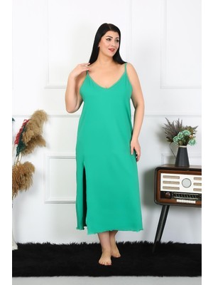 Mestore Moda Çizgi Kadın Büyük Beden Ip Askılı Pamuklu Yeşil Uzun Gecelik 12100