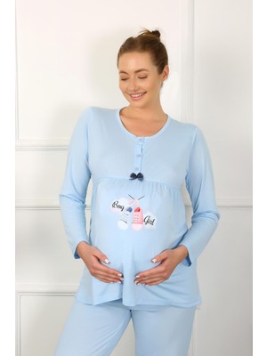 Mestore Moda Çizgi Kadın Uzun Kol Hamile Lohusa Pijama Takımı Mavi 45501