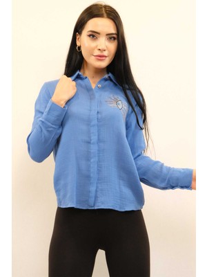Mestore Moda Çizgi Taşlı  Keten Gömlek MC2301 Indigo