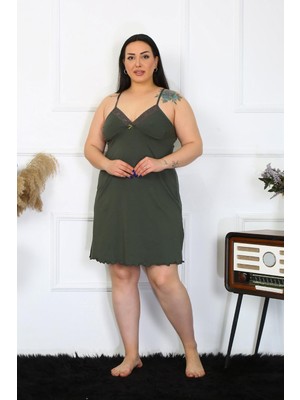 Mestore Moda Çizgi Kadın Haki Pamuklu Ip Askılı Büyük Beden Gecelik 985
