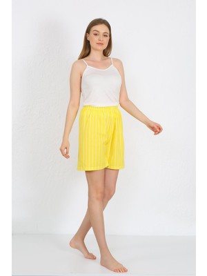 Mestore Moda Çizgi Kadın Ip Askılı Pamuk Penye Şortlu Takım Sarı 3620