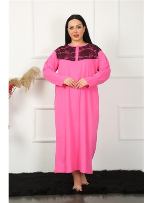 Mestore Moda Çizgi Big Uzun Kol Dantelli Fuşya Anne Gecelik 1355