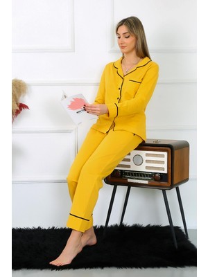 Mestore Moda Çizgi Kadın Pamuk Penye Önden Düğmeli Uzun Kol Sarı Pijama Takım 2782