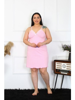 Mestore Moda Çizgi Kadın Pembe Pamuklu Ip Askılı Büyük Beden Gecelik 985