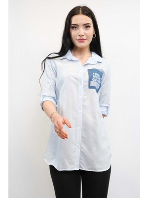 Mestore Moda Çizgi Gofre Gömlek Mavi