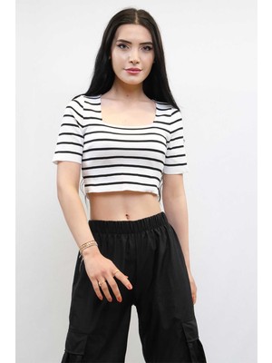 Mestore Moda Çizgi Triko Crop Çizgili  Beyaz
