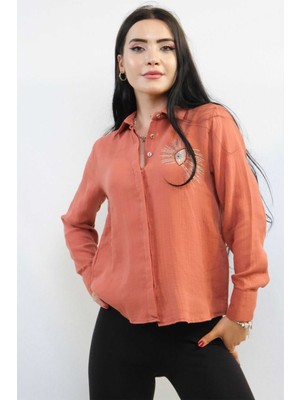 Mestore Moda Çizgi Taşlı  Keten Gömlek MC2301 Mercan