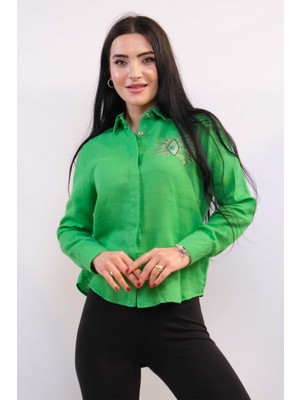 Mestore Moda Çizgi Taşlı  Keten Gömlek MC2301 Yeşil