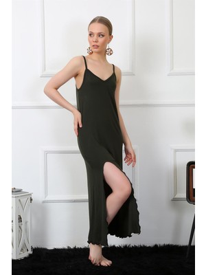Mestore Moda Çizgi Kadın Ip Askılı Haki Uzun Gecelik 901
