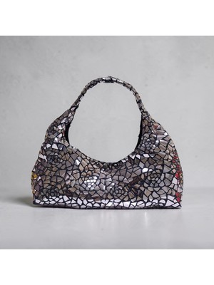 Hülya Craft Kadın Gümüş Parlak Mozaik Desenli Abiye Çanta El ve Omuz Çantası Şık Gece Davet Çantası