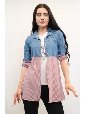 Mestore Moda Çizgi Gömlek Içi T-Shirt Ikili Takım Bordo
