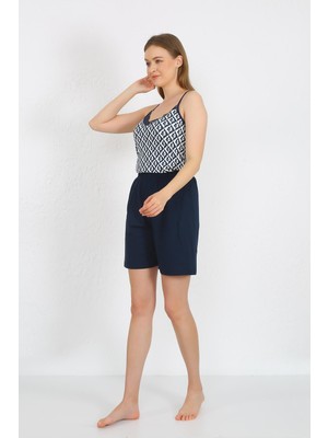 Mestore Moda Çizgi Kadın Ip Askılı Pamuk Penye Şortlu Takım Lacivert 3621
