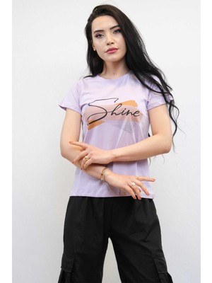 Mestore Moda Çizgi Shine Baskılı Tshirt Lila
