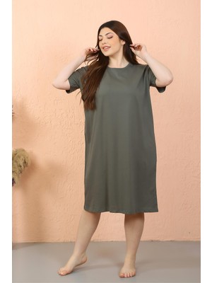 Mestore Moda Çizgi Kadın Büyük Beden Penye Kısa Kol Haki Gecelik 12502