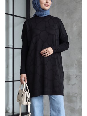 Moda Morfo Yarım Boğazlı Düşük Omuzlu Kolları Taş Detaylı Triko Tunik -Siyah