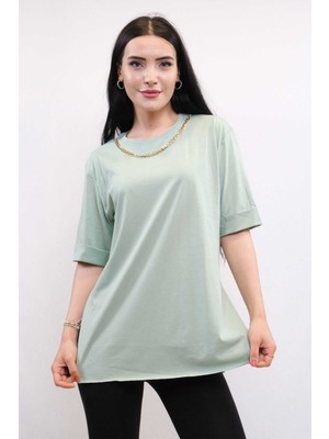 Mestore Moda Çizgi Zincir Aksesuarlı Tshirt Mint