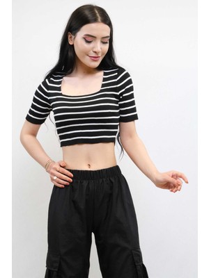 Mestore Moda Çizgi Triko Crop Çizgili Siyah