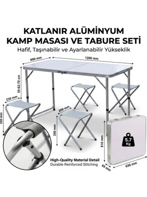 MiraLive Katlanabilir Alüminyum Kamp Masası ve 4 Lü Tabure Seti