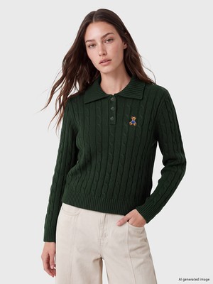 LC Waikiki Lcw Modest Yeşil Polo Yaka Desenli Kadın Triko Kazak