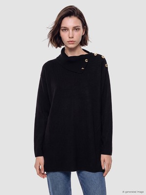 LC Waikiki Lcw Modest Siyah Balıkçı Yaka Kadın Triko Kazak