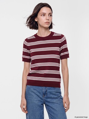 LC Waikiki Lcw Modest Bordo Bisiklet Yaka Çizgili Kadın Triko Kazak