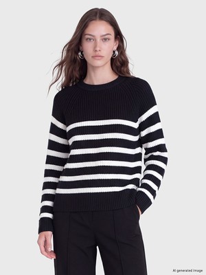 LC Waikiki Lcw Modest Ekru Bisiklet Yaka Çizgili Kadın Triko Kazak