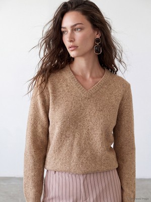 LC Waikiki Lcw Modest Kahverengi V Yaka Kadın Triko Kazak