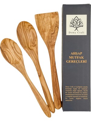 Kawin Demy Craft El Yapımı Zeytin Ağacı Mutfak Seti – 3 Parça Doğal Ahşap Kaşık ve Spatula Seti | 30 cm