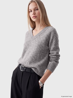 LC Waikiki Lcw Vision Antrasit V Yaka Oversize Kadın Triko Kazak