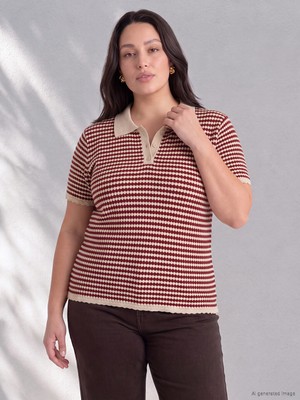 LC Waikiki Lcw Curve Bordo Büyük Beden Polo Yaka Çizgili Kadın Triko Kazak