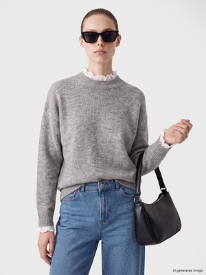 LC Waikiki Lcw Comfort Gri Dik Yaka Dantel Detaylı Kadın Triko Kazak