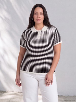 LC Waikiki Lcw Curve Siyah Büyük Beden Polo Yaka Çizgili Kadın Triko Kazak