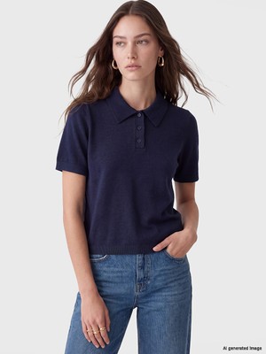 LC Waikiki Lcw Modest Lacivert Polo Yaka Kadın Triko Kazak