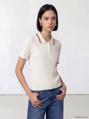LC Waikiki Lcw Comfort Beyaz Polo Yaka Çizgili Kadın Triko Kazak