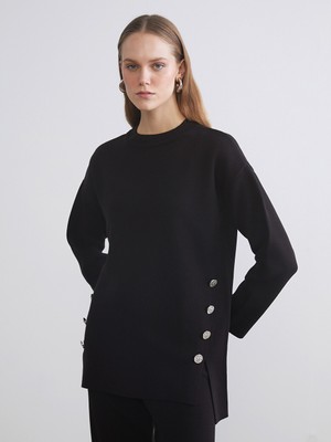LC Waikiki Lcwaıkıkı Classic Siyah Bisiklet Yaka Oversize Kadın Triko Kazak