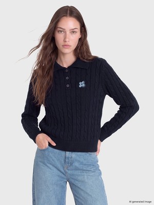 LC Waikiki Lcw Modest Lacivert Polo Yaka Desenli Kadın Triko Kazak
