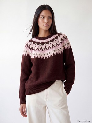LC Waikiki Lcw Modest Bordo Bisiklet Yaka Desenli Kadın Triko Kazak