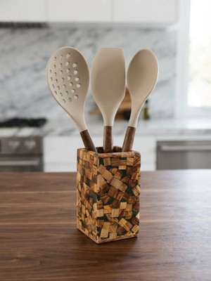 Kawin Elar+Wooden Akasya Saplı 3'lü Silikon Mutfak Gereçleri Seti, Epoksi-Ahşap Karışımlı Kaşıklık | Premium Silikon Kaşık, Spatula ve Kevgir | Isıya Dayanıklı, Çizilmez, Ergonomik Ahşap Kulplu Servis Seti